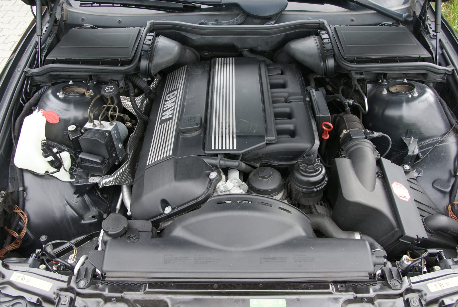 BMW M54B25 inline-six in an E39 525i engine bay, viewed from above the front of the engine